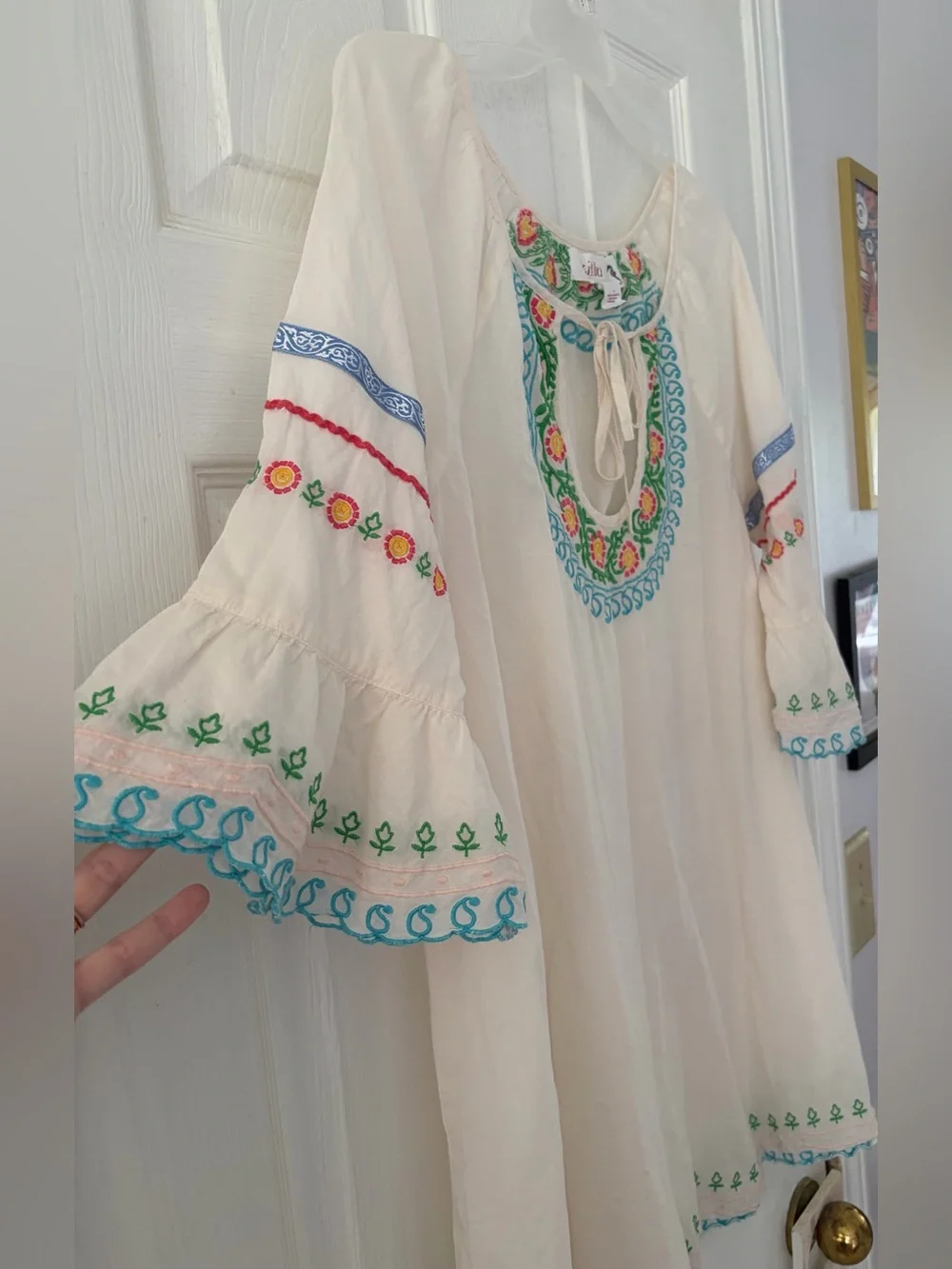 Anthropologie Cream Embroidered Boho Tunic with Blue, Green & Pink Accents